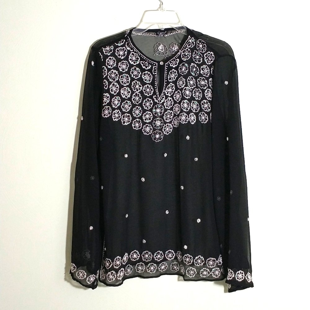 Cejon, beach wear sheer black embroidered cover-up. XL.